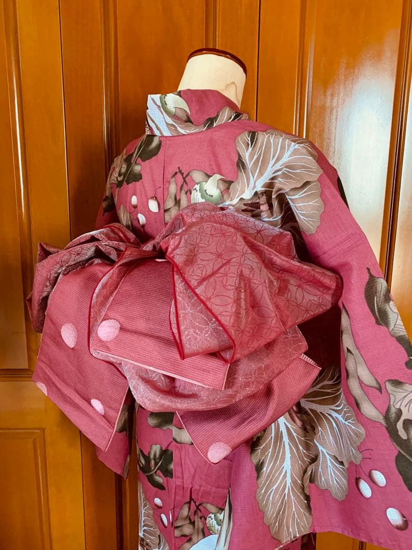 京都きもの町　浅蘇芳色野菜の浴衣と源氏物語のリバーシブル半幅帯と兵児帯と帯締め