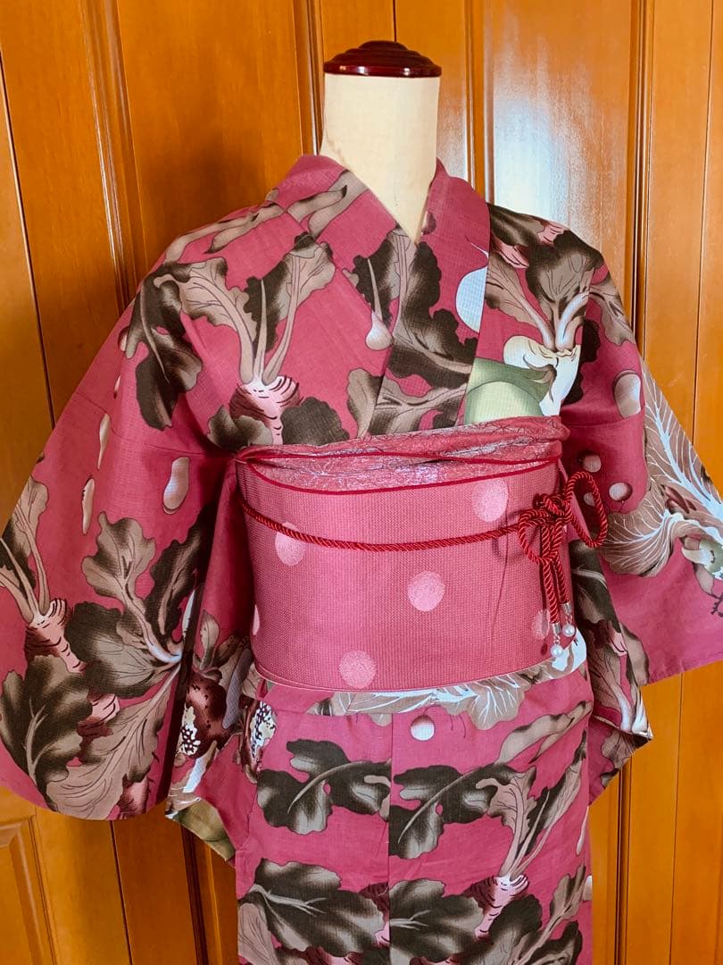 京都きもの町　浅蘇芳色野菜の浴衣と源氏物語のリバーシブル半幅帯と兵児帯と帯締め
