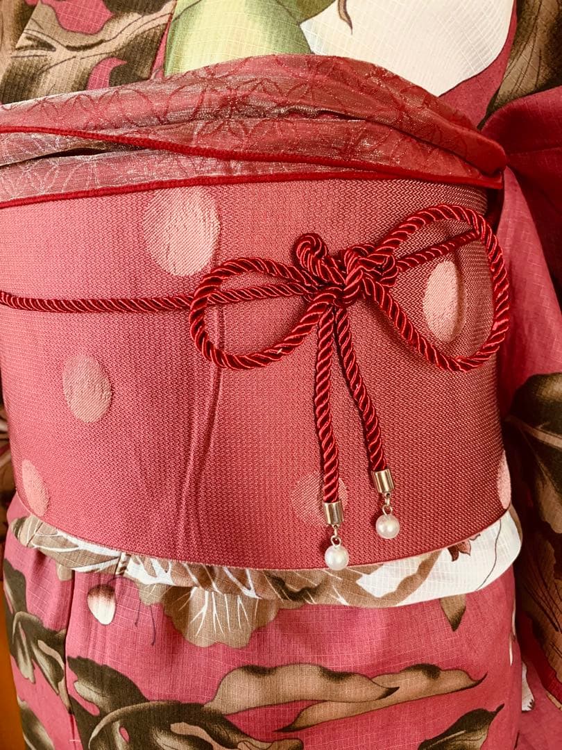 京都きもの町　浅蘇芳色野菜の浴衣と源氏物語のリバーシブル半幅帯と兵児帯と帯締め