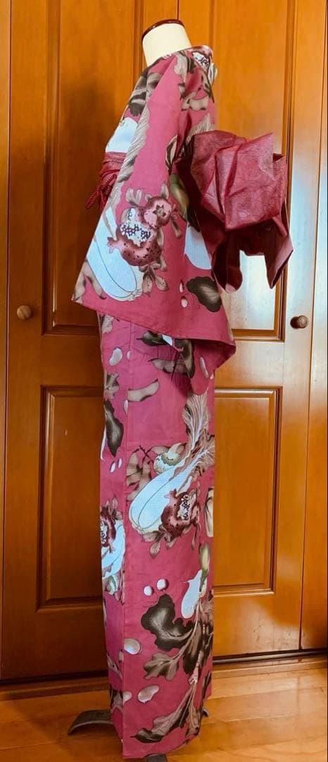 京都きもの町　浅蘇芳色野菜の浴衣と源氏物語のリバーシブル半幅帯と兵児帯と帯締め