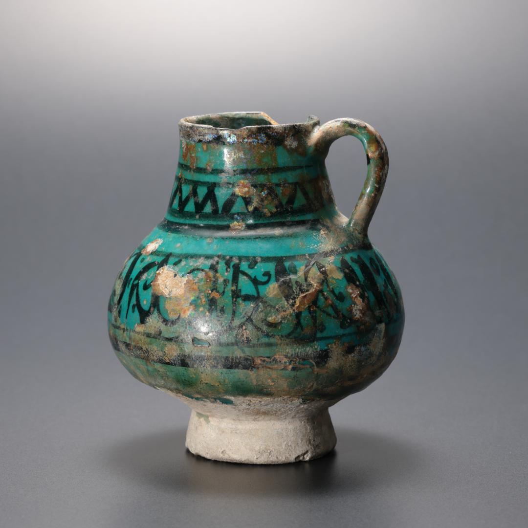 ペルシャ 青釉黒彩手つき水注 　イラン　アンティーク　R1182て