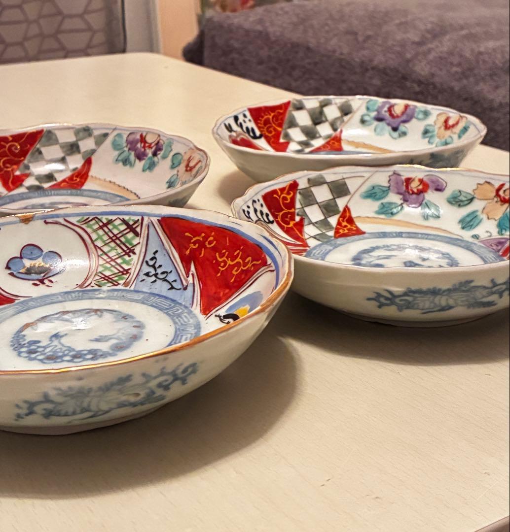 古伊万里なます皿　江戸時代 色絵金彩 膾皿　 輪花　美品4枚セット