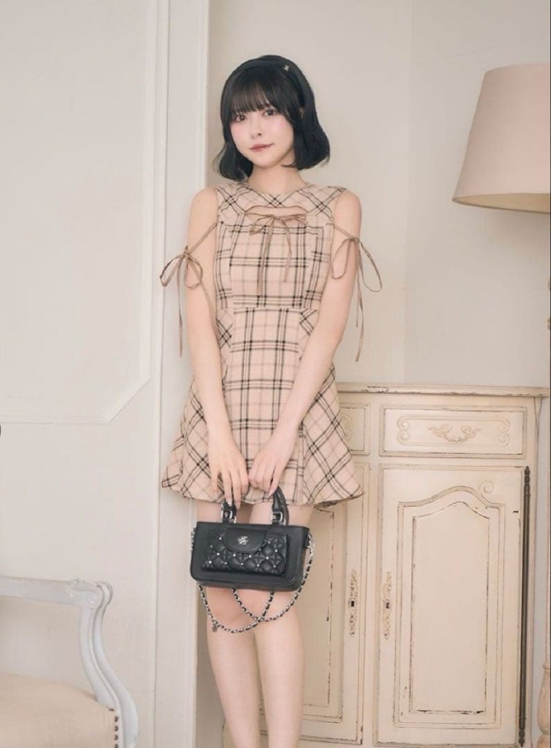 ミシェルマカロン フロントオープンチェックミニワンピース BEG