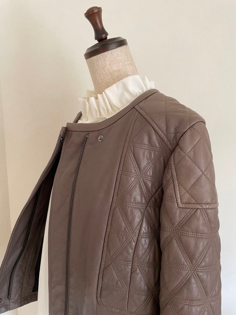 【コントワーデコトニエ】マロン色のラムレザーキルティングジャケット　大きいサイズ