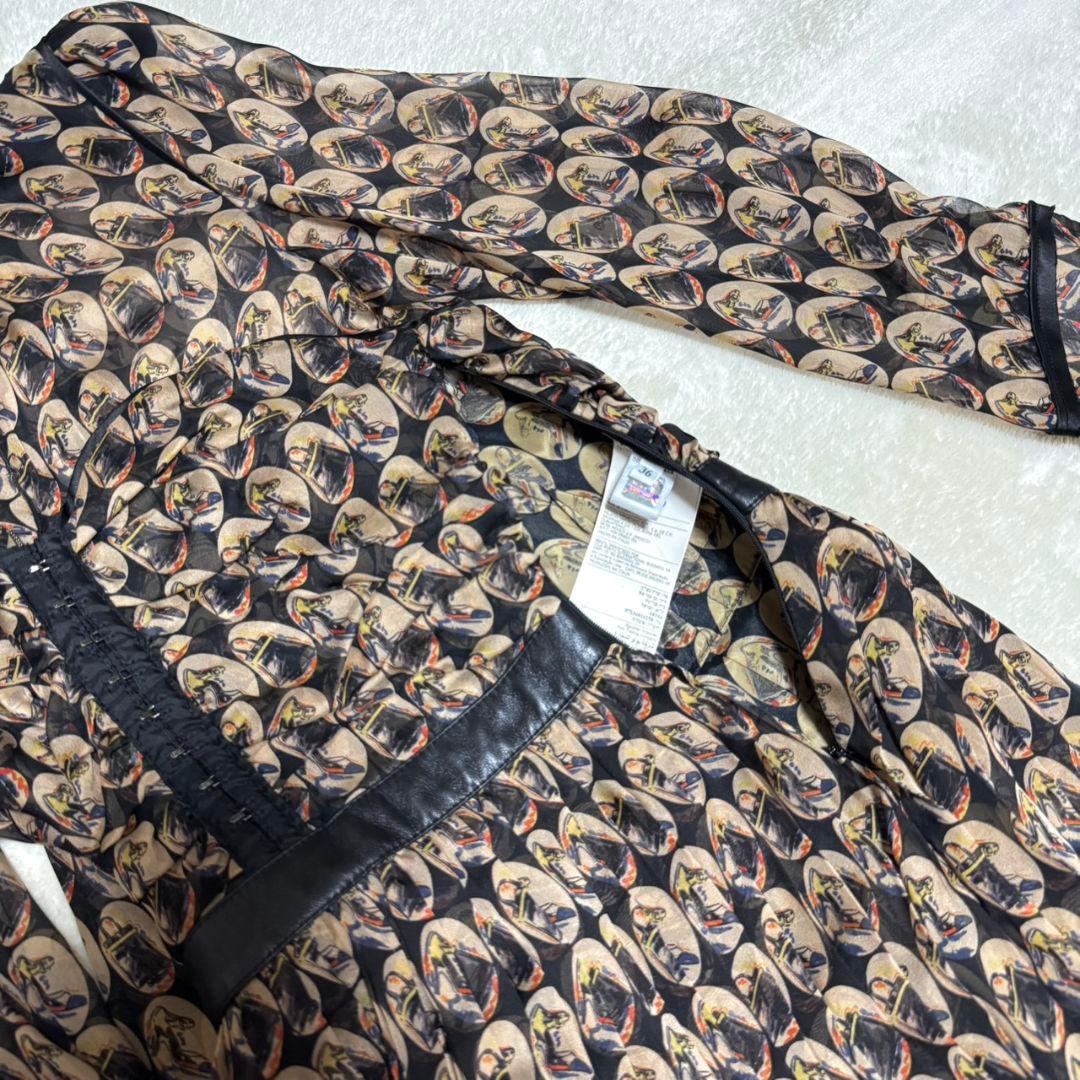 美品 ドルチェアンドガッバーナ ボウタイ シルク ワンピース ラムレザー 総柄