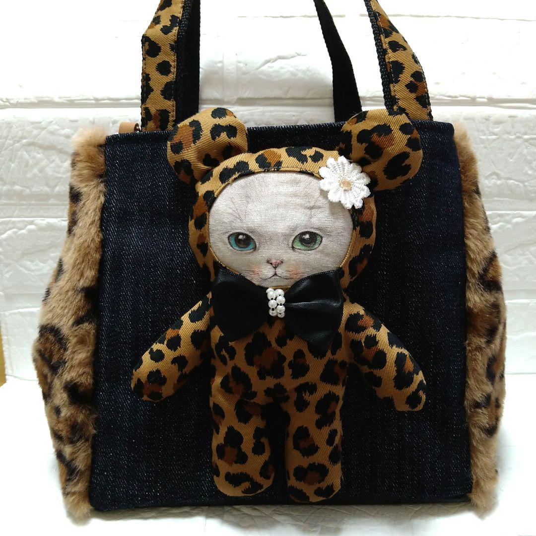 ゆ*ら様 コヤンイサムチョン☆スクエアトートバッグ　デニム＆ヒョウ柄ボア　オッド