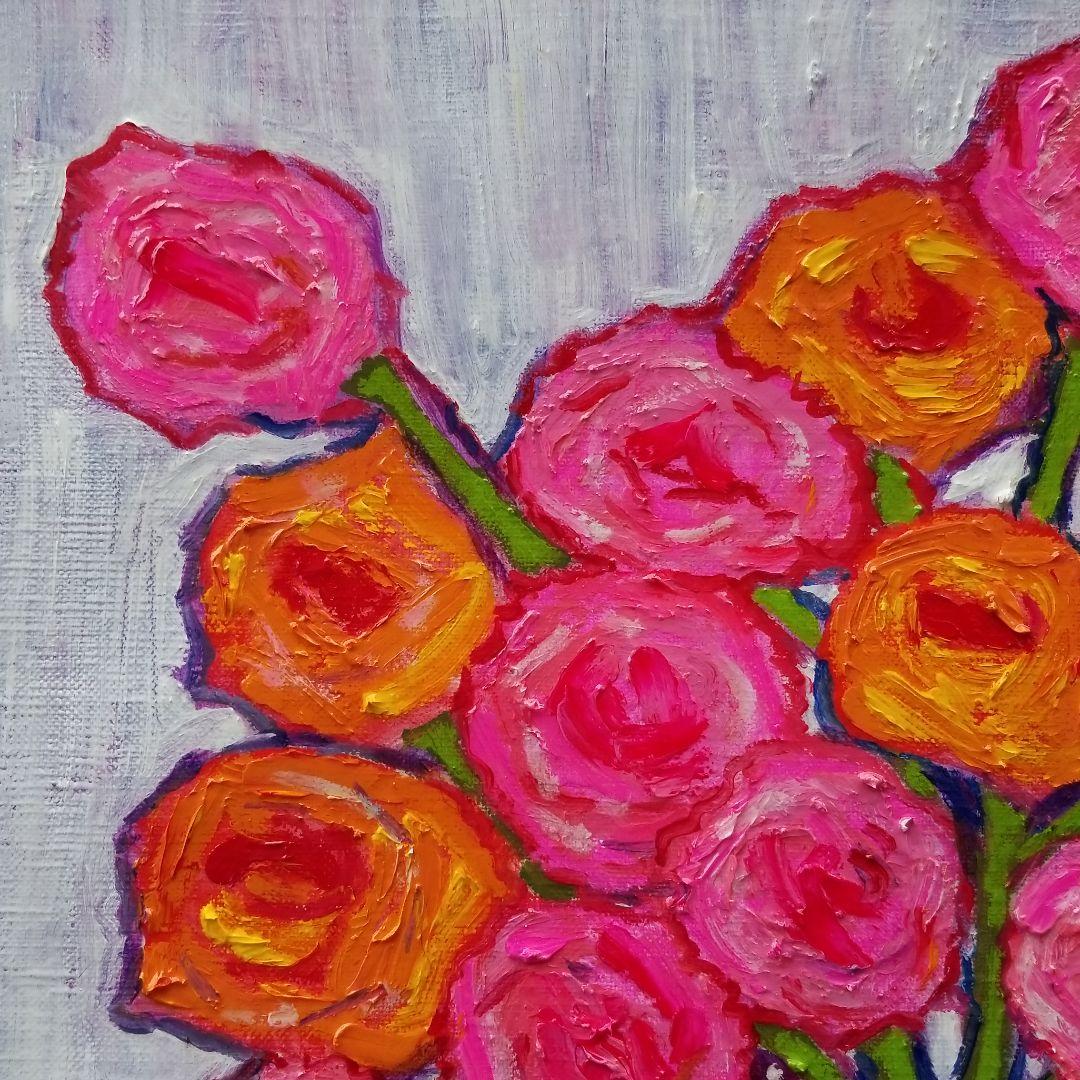 油絵　よっこ確認　ピンクとオレンジ色の花を差した花瓶