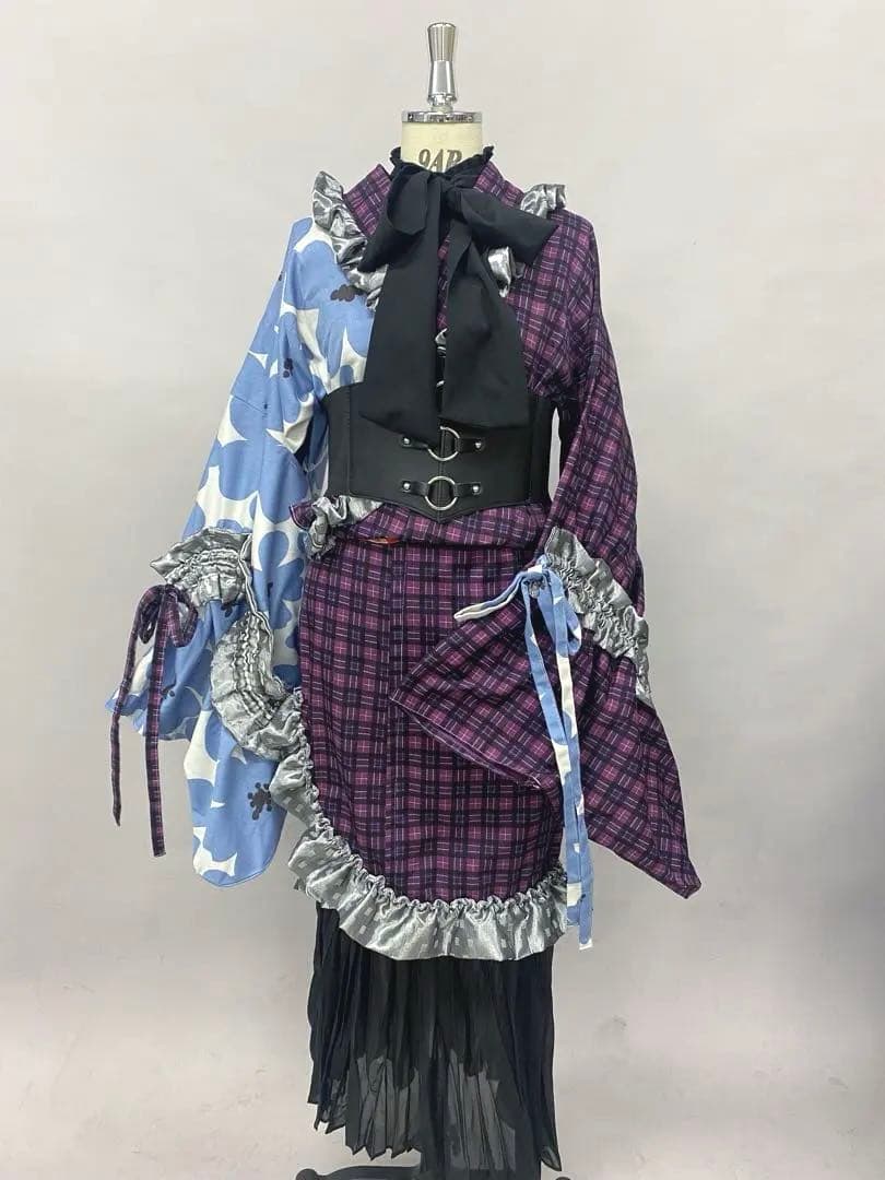 チェック 浴衣 服飾学生 着物 ゴム入り帯付き セット 紫 青