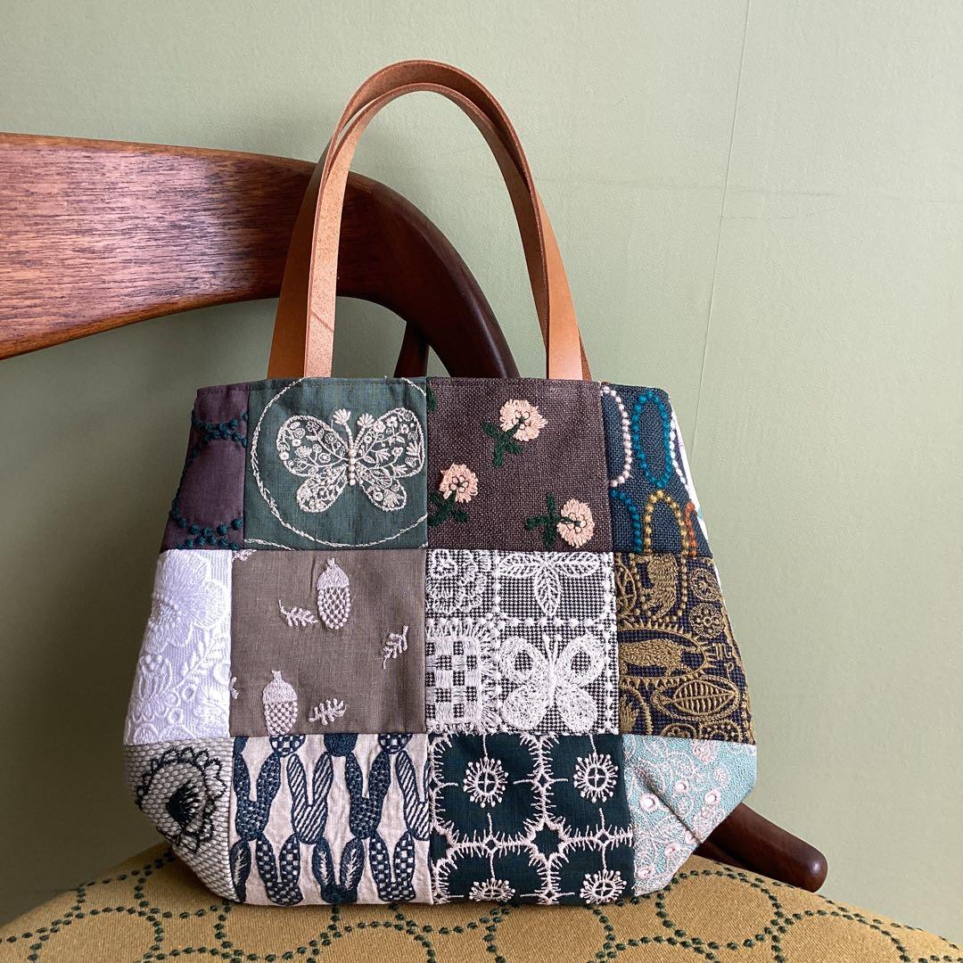 ミナペルホネンハギレをパッチワークふっくらまるみのトートバッグハンドメイド