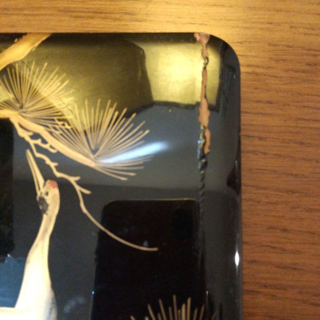 昭和レトロアンティーク黒漆塗り木製4段重箱 松と鶴の蒔絵デザイン