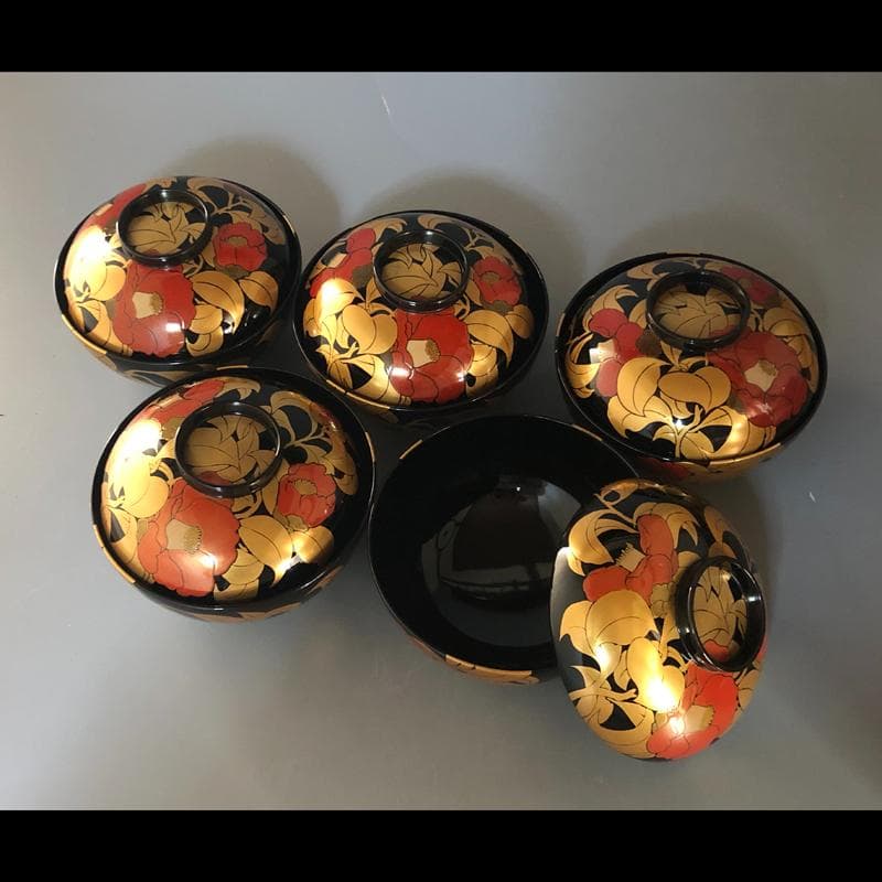 ◆506◆椿蒔絵　仙才吸物椀　木製漆器 平安堂 造 己ん典 作　五客