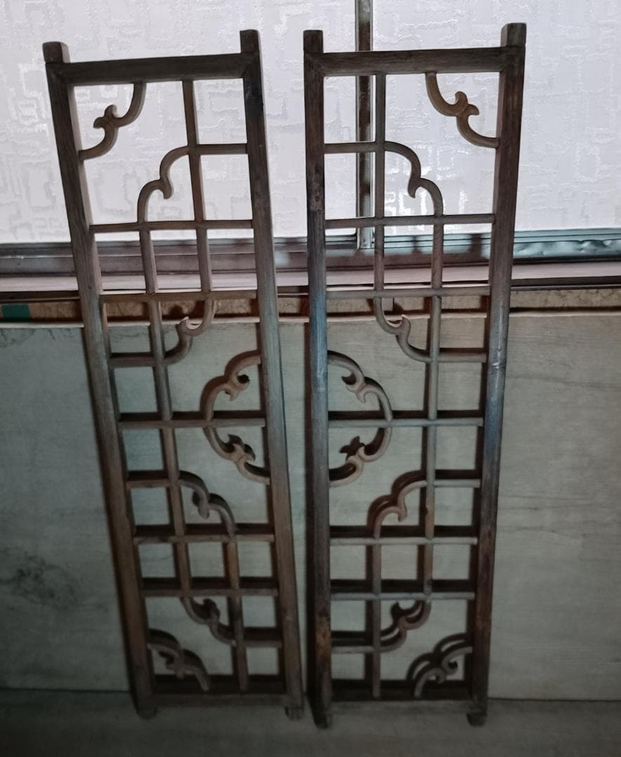 アンティーク 木製 格子 建具 2枚セット 古道具 透かし彫り 雲形 時代家具