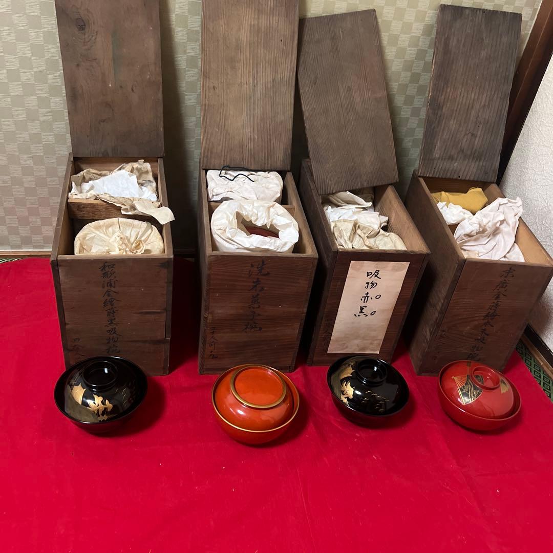 旧家蔵出　時代物 漆器 蒔絵 麦 黒 吸物椀 四箱