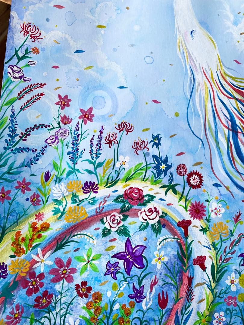 ありりん0703☆ 秋の花々と虹龍 絵画 アクリル画 開運絵画 龍ノツカイ