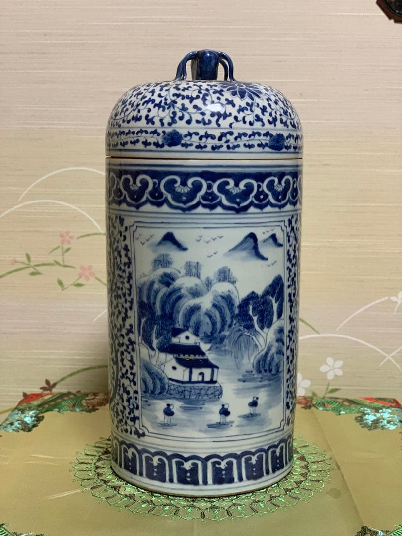 シノワズリ　ビンテージ　染付 青花　在銘　山水大壷　花瓶　大甕　オリジナル蓋付き