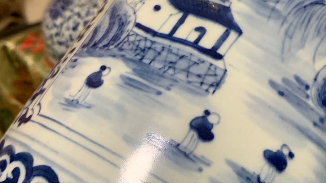 シノワズリ　ビンテージ　染付 青花　在銘　山水大壷　花瓶　大甕　オリジナル蓋付き