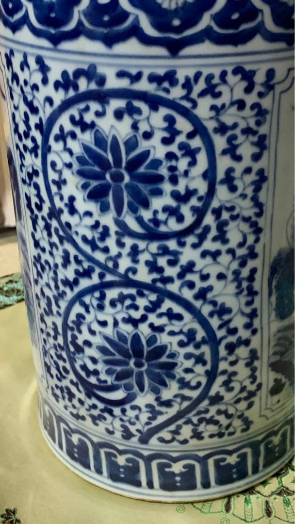 シノワズリ　ビンテージ　染付 青花　在銘　山水大壷　花瓶　大甕　オリジナル蓋付き