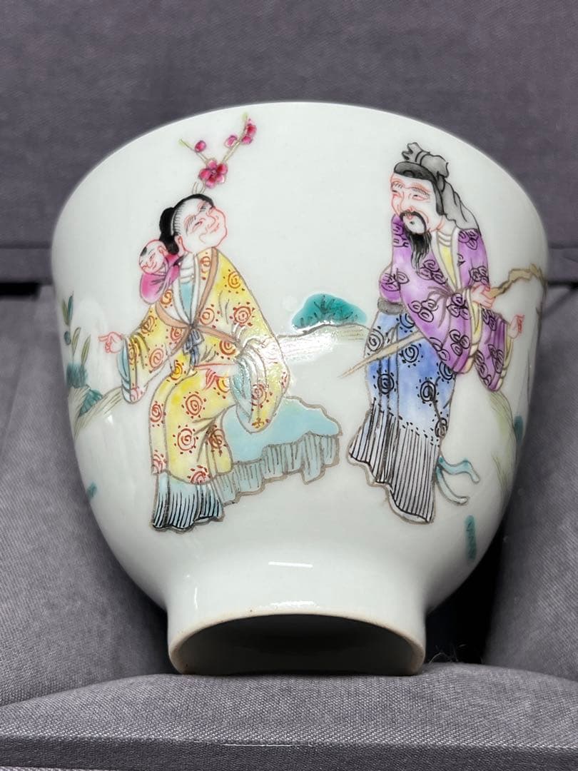 中国古美術 古磁 玩玉在銘 湯呑み 6点セット 手描き 細工粉彩 茶道具 箱付き