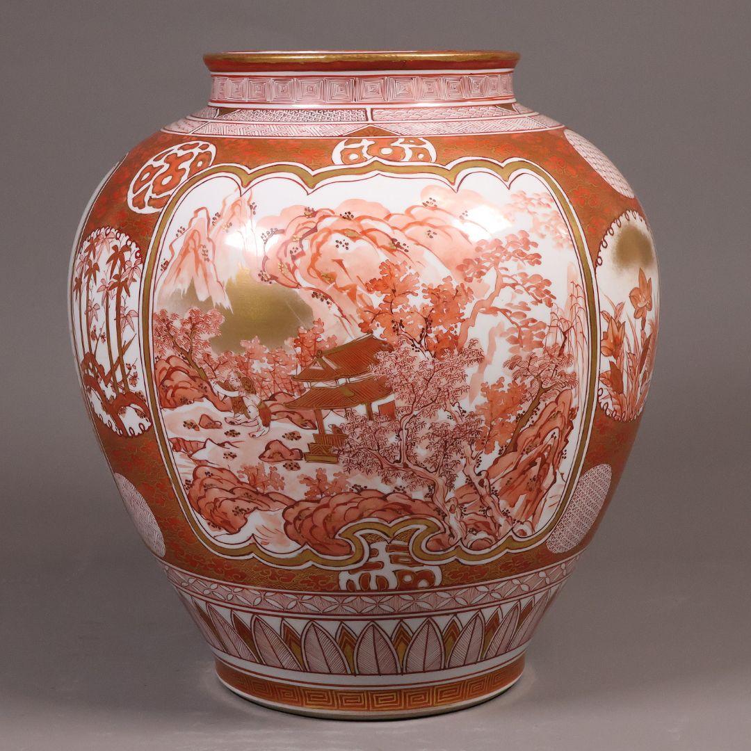 【M387】九谷焼 名工 橋田与三郎 細密赤絵金彩 花瓶 楼閣山水人物草花 花器