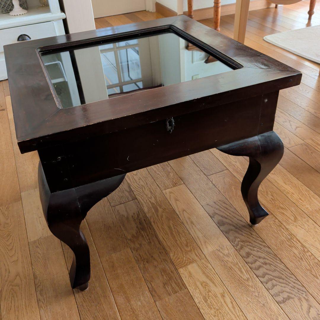 アジアン家具　サイドテーブル　収納付き　ガラス天板　ブラウン