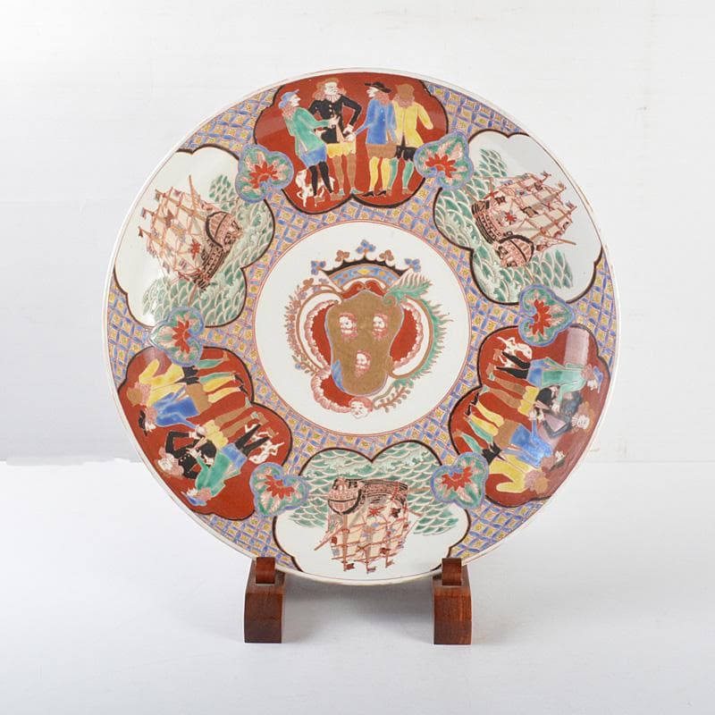 伊万里焼　古伊万里　錦手南蛮人黒船文　大皿　飾皿　D　R4863C