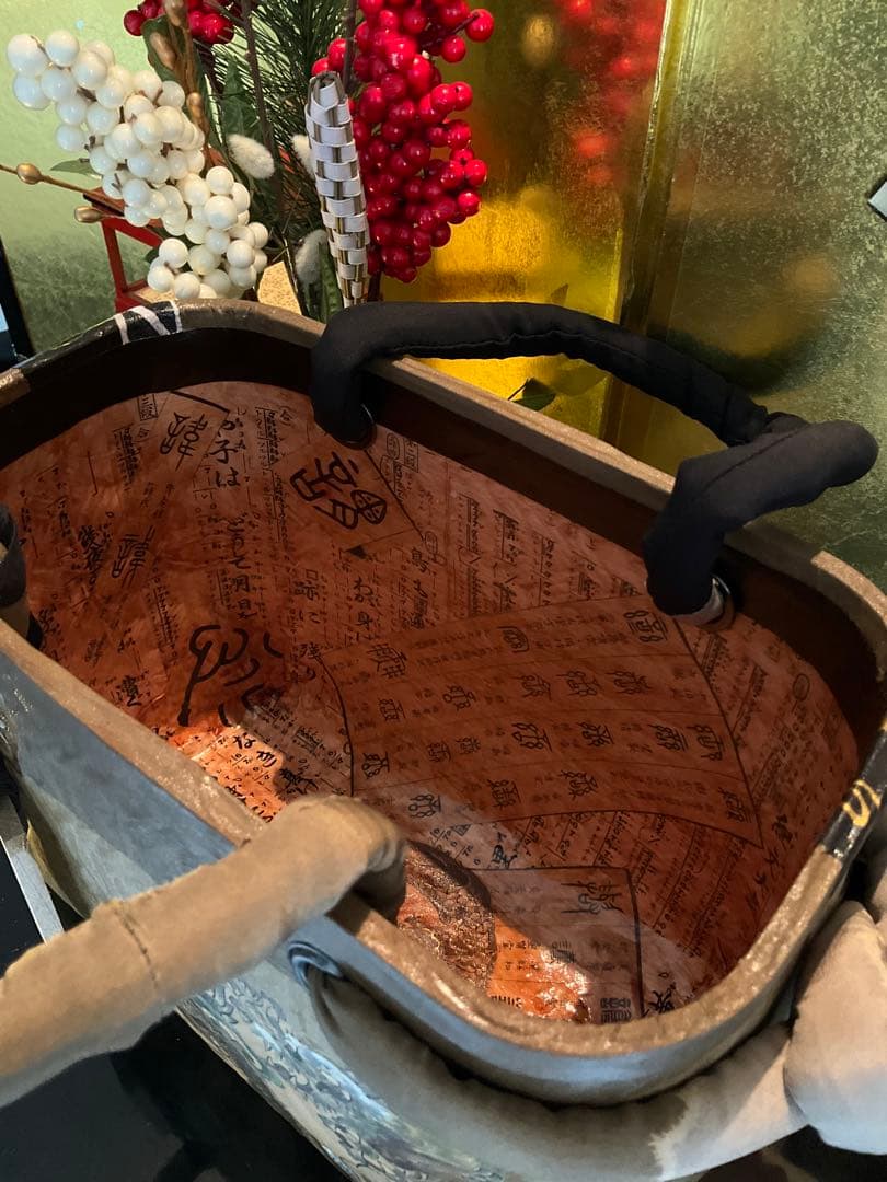 一閑張り　一閑張りバッグ　浮世絵　雲龍　古文書　和紙　竹籠　古布大正　着物　龍