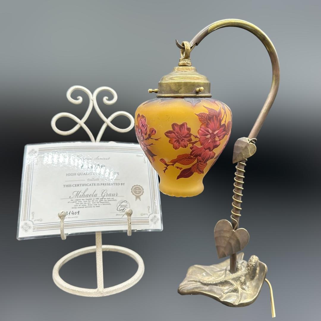 エミールガレ　一灯吊りランプ 　林檎紋　カメオ彫り　被せガラス　高さ39ｃｍ