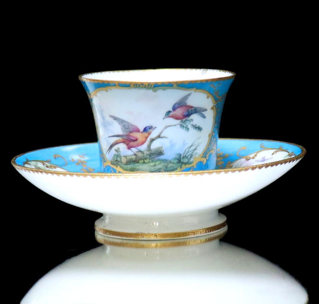 オールド・セーブル 美術館級 1764年 青地色絵金彩鳥図 カップ&ソーサー