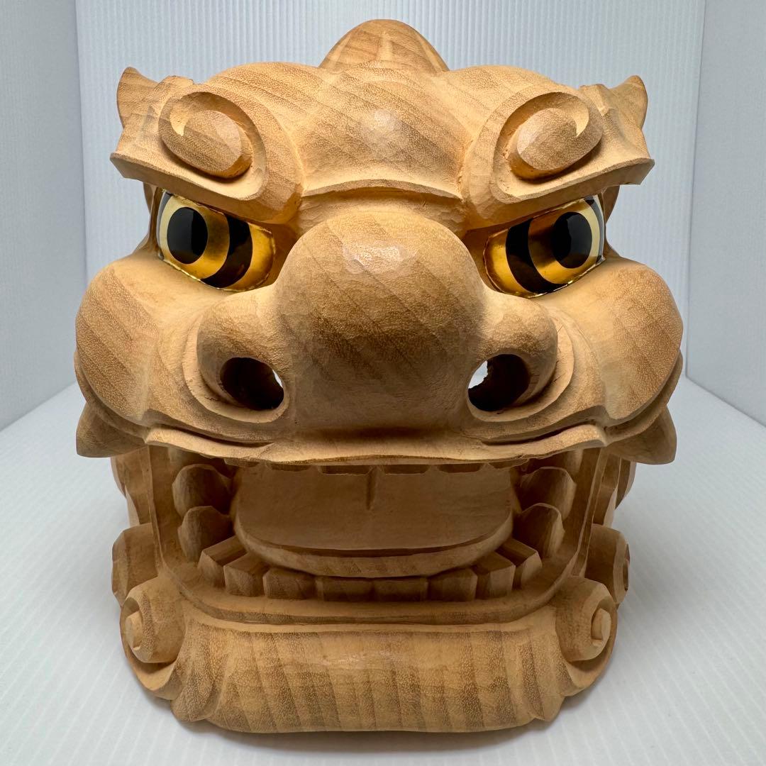 未使用 木彫 獅子頭 横山一夢作 木製 獅子 置物 共箱 説明書 作家物