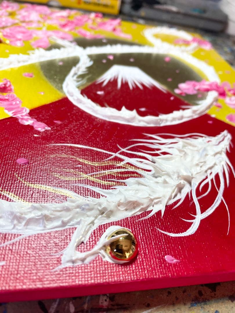 赤富士とインフィニティ白龍 開運絵画 龍神 テクスチャーアート 龍ノツカイ