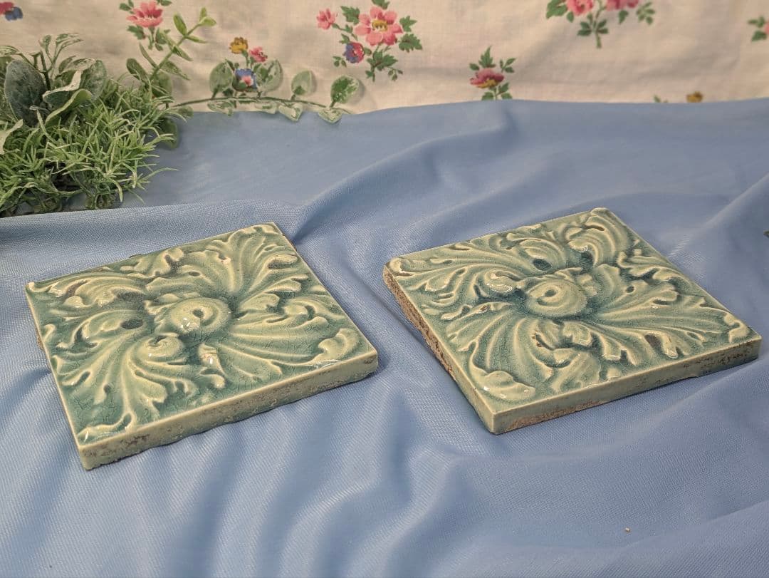 イギリス アンティーク タイル ブルー ４枚セット