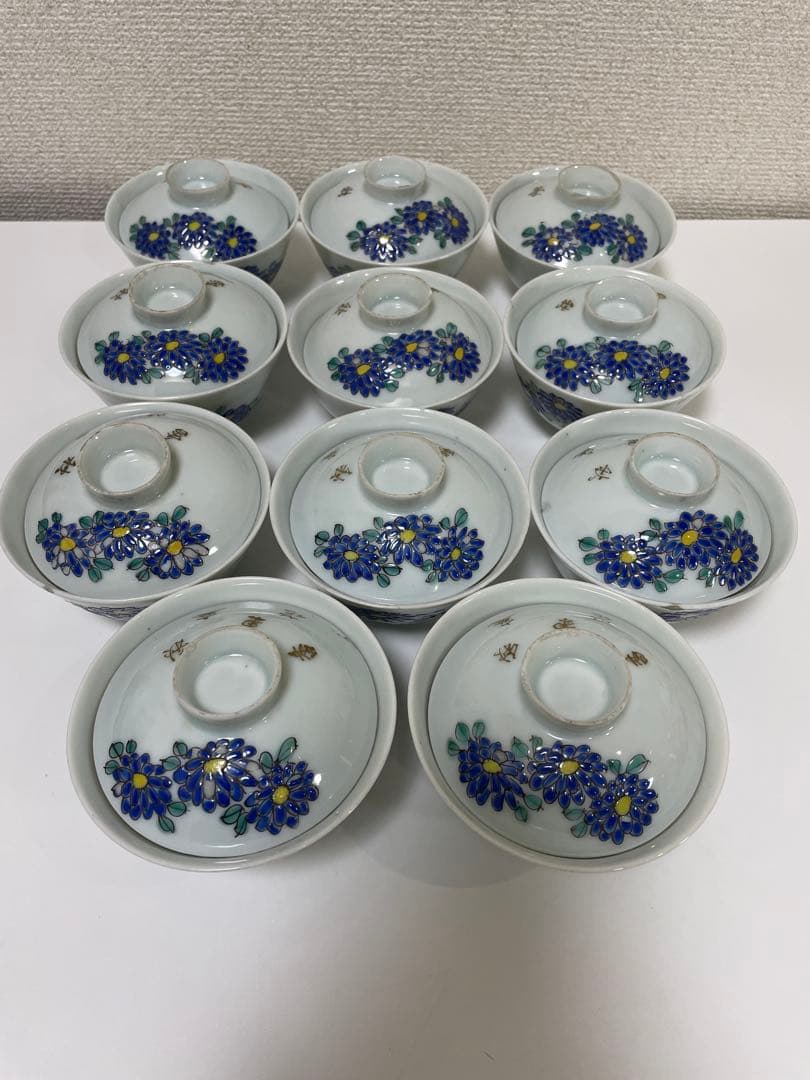 【現状品】白磁 茶碗 蓋付き椀 秋庭菊花香 花柄 レトロ アンティーク 11客
