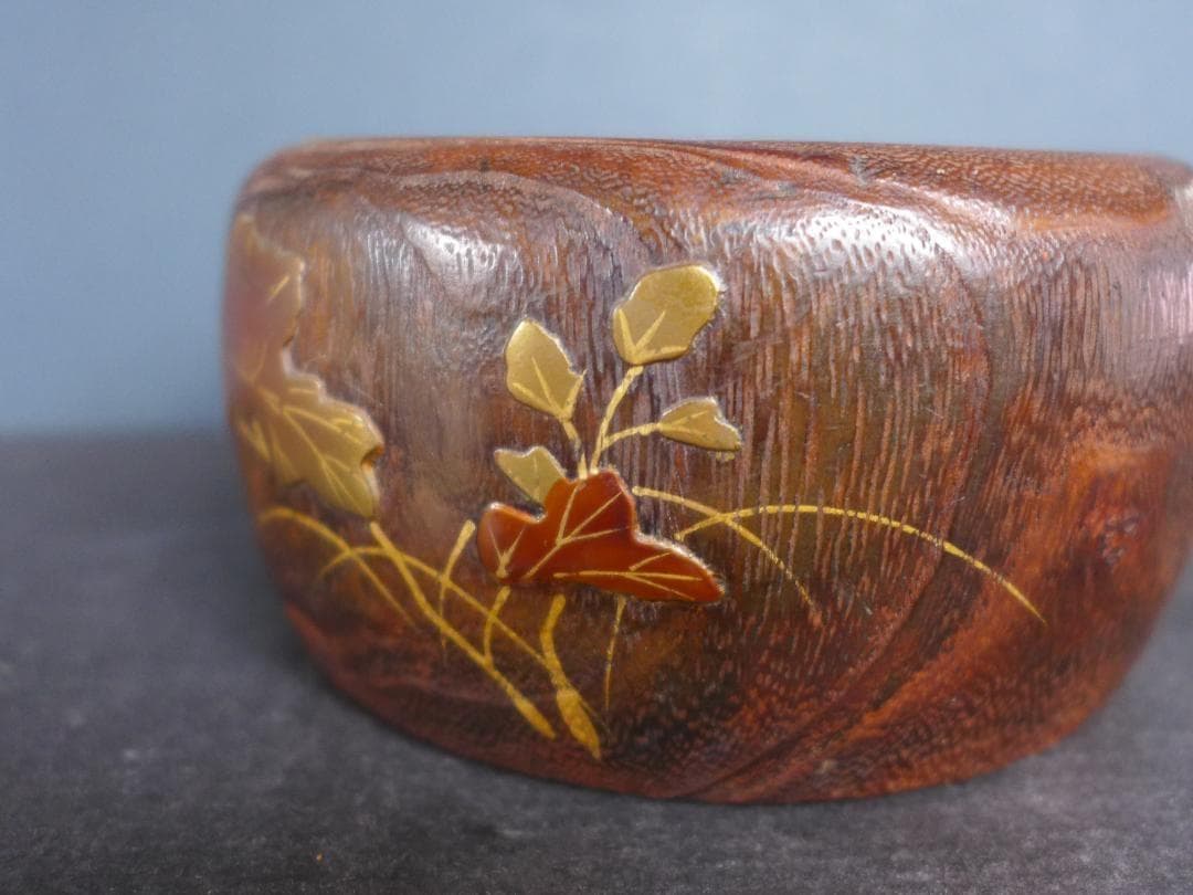 時代物　小型手あぶり火鉢　桑の木一刀彫 蒔絵　古道具　アンティーク　骨董