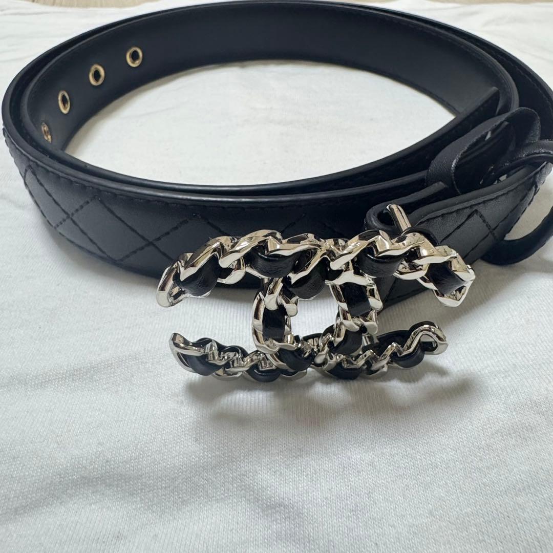 CHANEL 黒 キルティング ベルト　シルバー