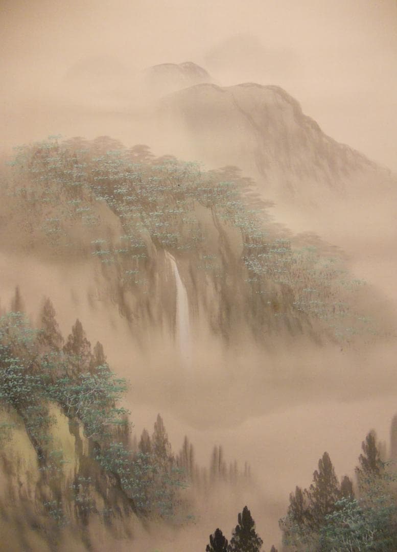 掛け軸 吉村舞堂 彩色山水 絹本 希少 軸装 茶道具 掛軸 風鎮付 美品 です。