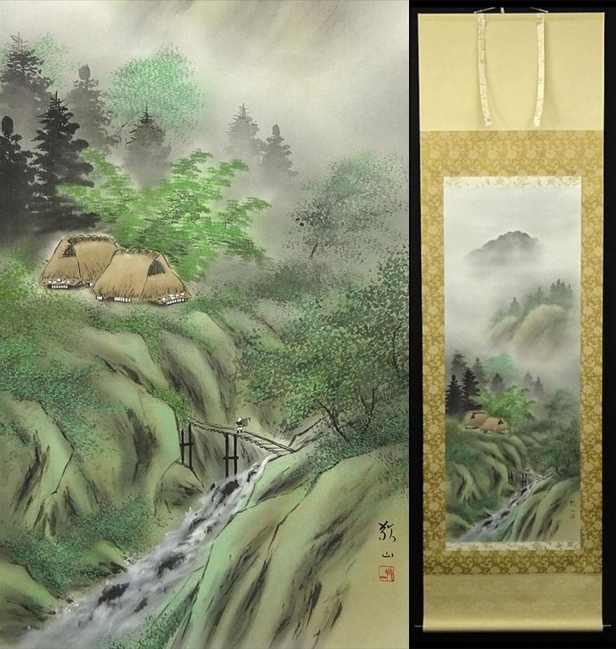 【真作】掛軸 加茂敬山『彩色山水』絹本 肉筆 共箱付 掛け軸 g08266