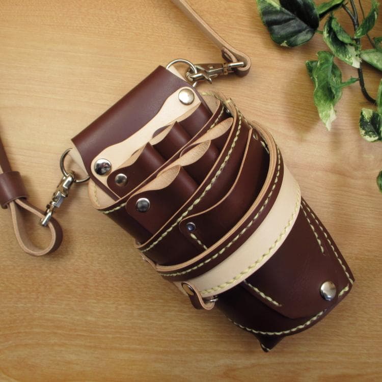 ブラウン＆ナチュラル　６丁　革ベルト付　本革シザーケース　SCL-158/CBA