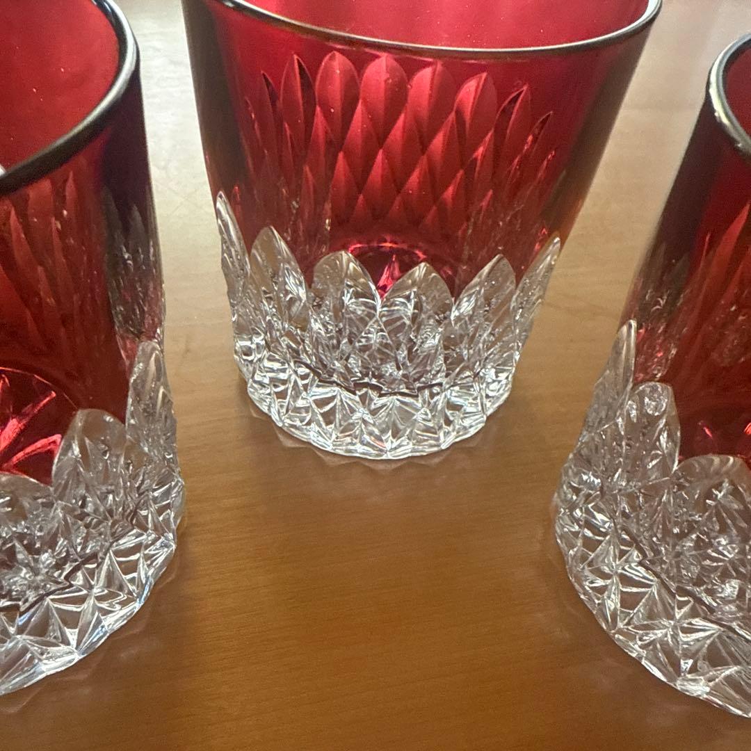 80's未使用★アンティークカットガラス被せガラス３個セット