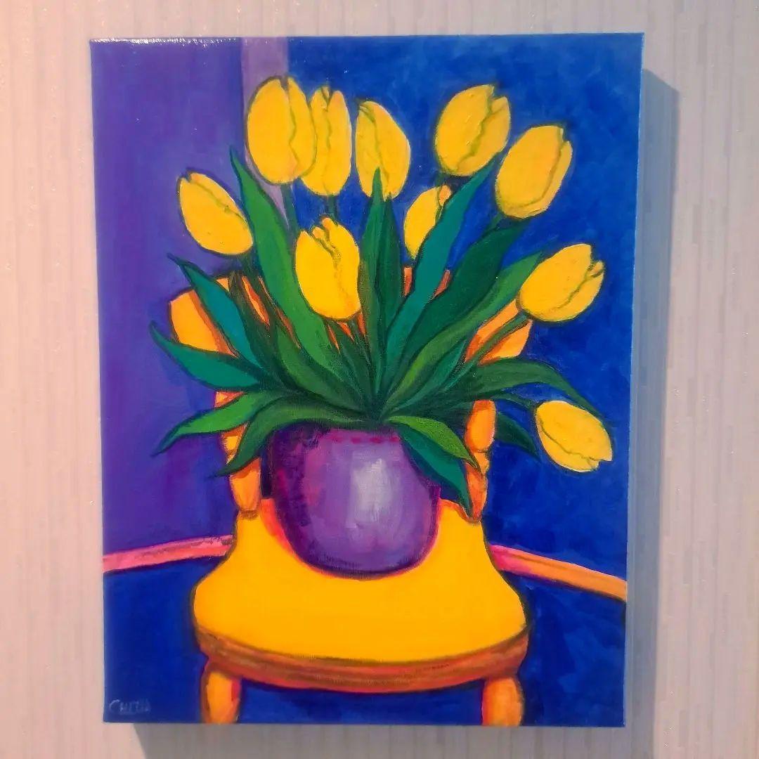 キャンバス油絵　黄色い椅子の上に置いた鉢植えの黄色いチューリップ他計2枚セット