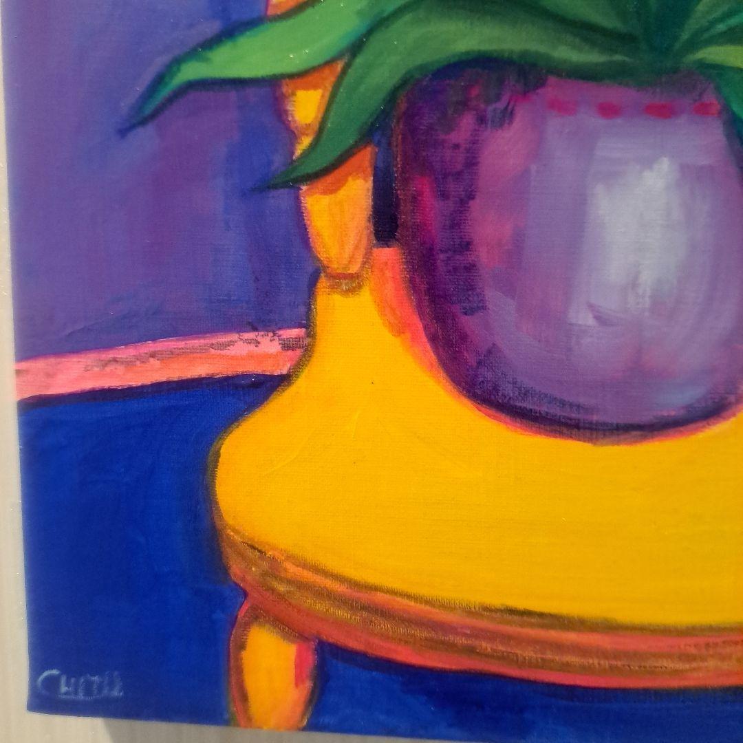 キャンバス油絵　黄色い椅子の上に置いた鉢植えの黄色いチューリップ他計2枚セット