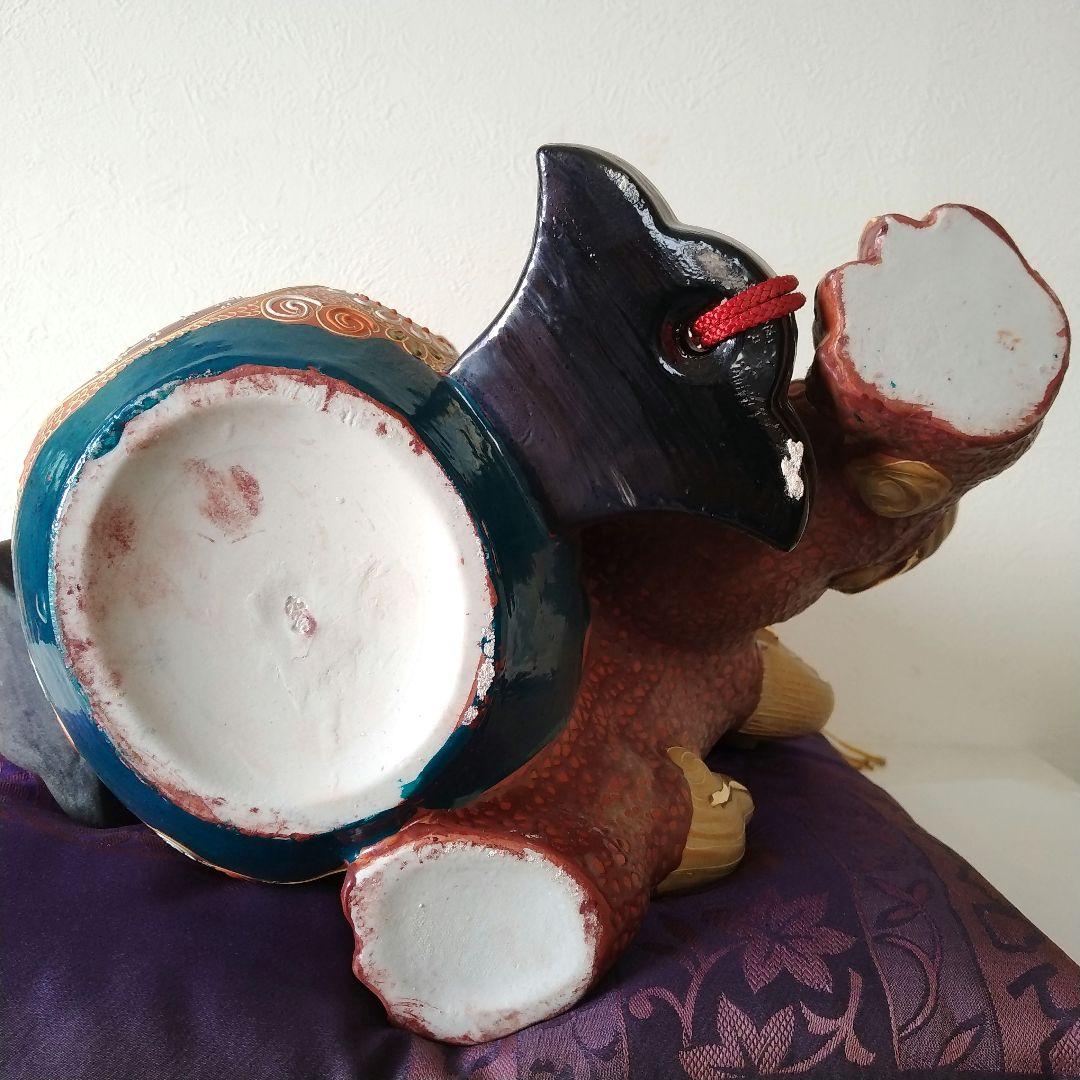 九谷焼 唐獅子 金彩 赤獅子 高さ29.5㎝ 玉乗り獅子 1個 座布団付 魔除け