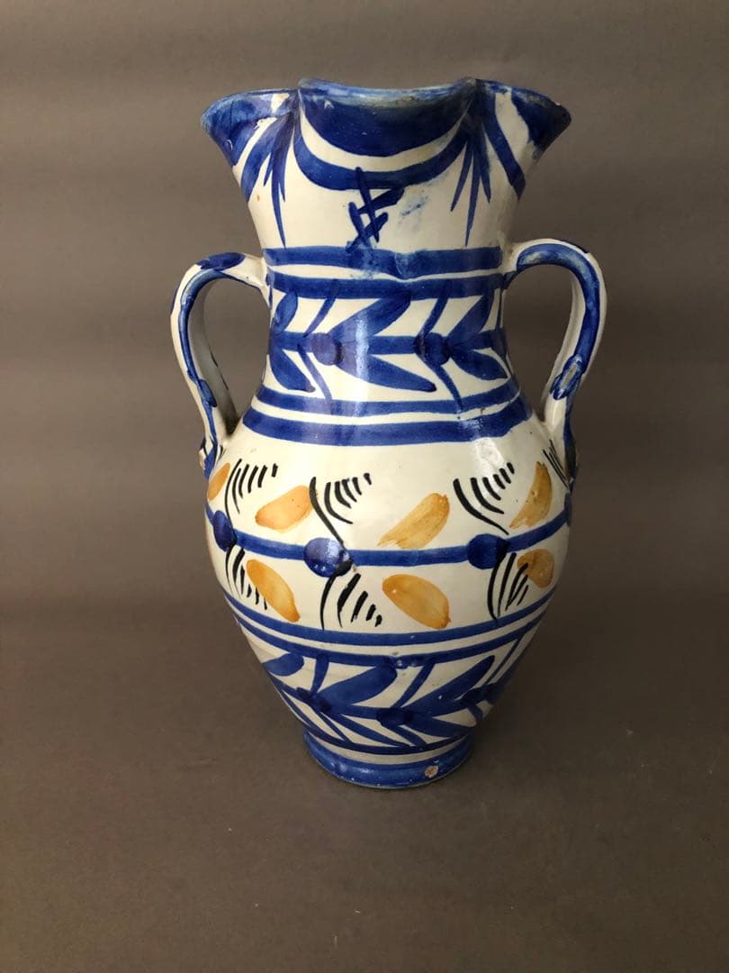 スペイン骨董　陶器　両手付き花瓶、壺　アンティーク