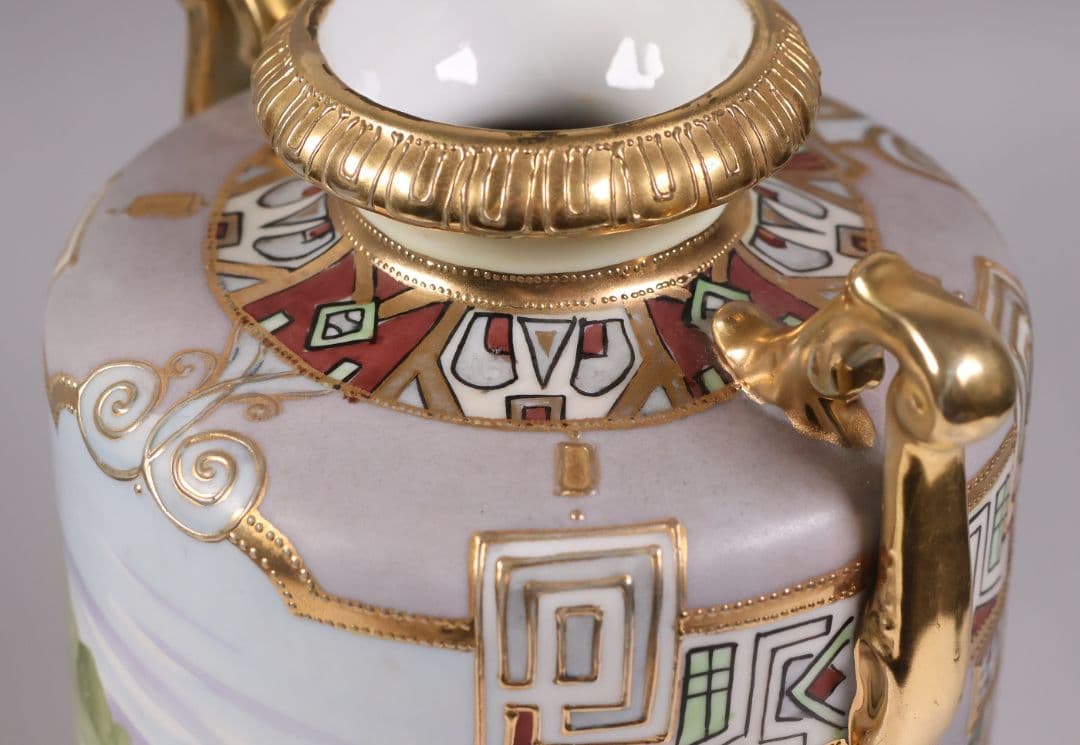 【CM318】オールドノリタケ パネル風景 耳付 花瓶 金彩 金盛 明治