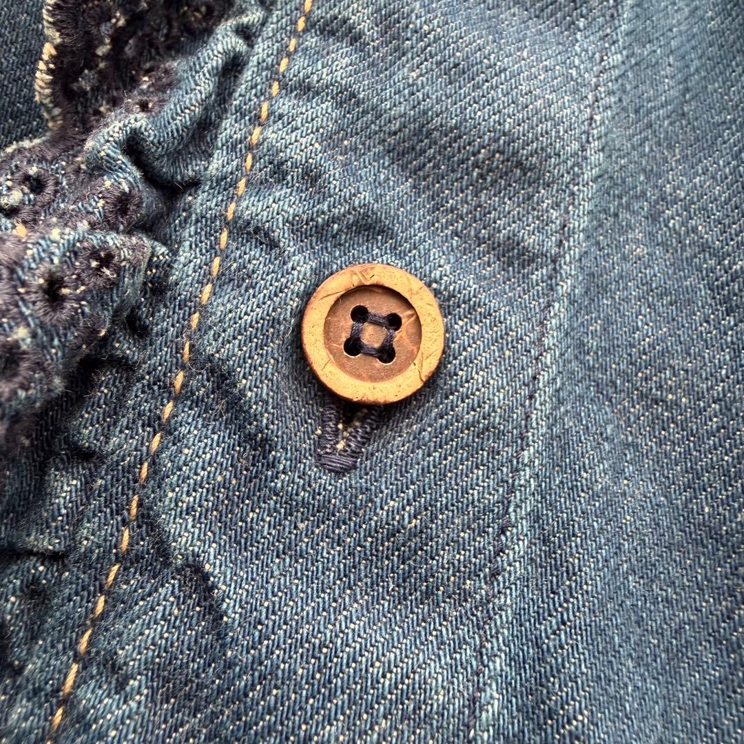 45R デニム インディゴ シャツ カットワークレース スタンドネック フリル襟