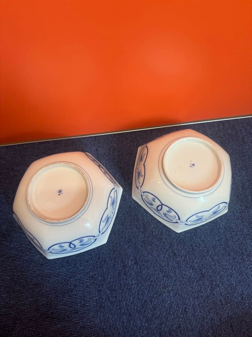 1885 香蘭社　染付鳳凰文　六角深鉢　2客　時代物