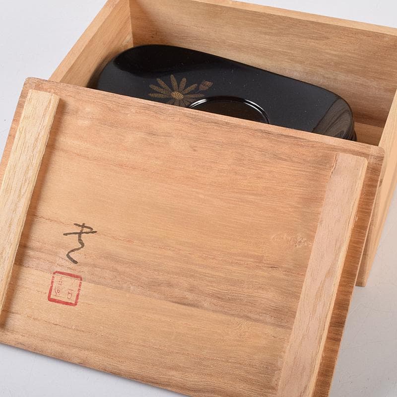 茶道具　輪島塗　三谷吾一作　花草沈金　楕円茶托　五客　共箱　M　R9469