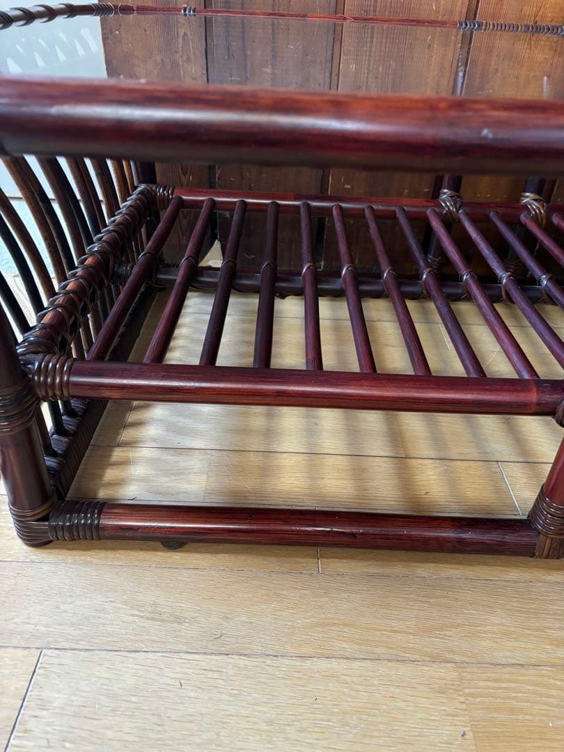 ꧁籐家具꧂アジアン ラタンテーブル ガラス天板座卓 センターテーブル 古家具