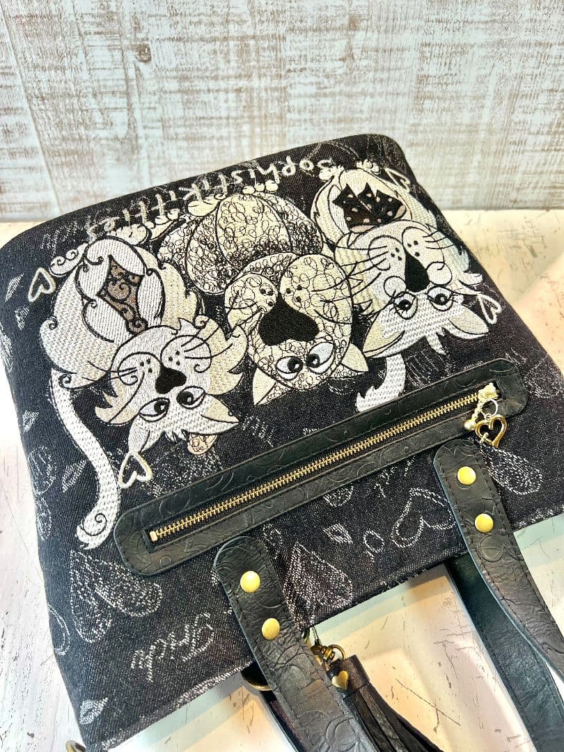 ロラライハリス♡ブラック英字デニム生地♡刺繍の楕円底バッグ♡長財布セット♡