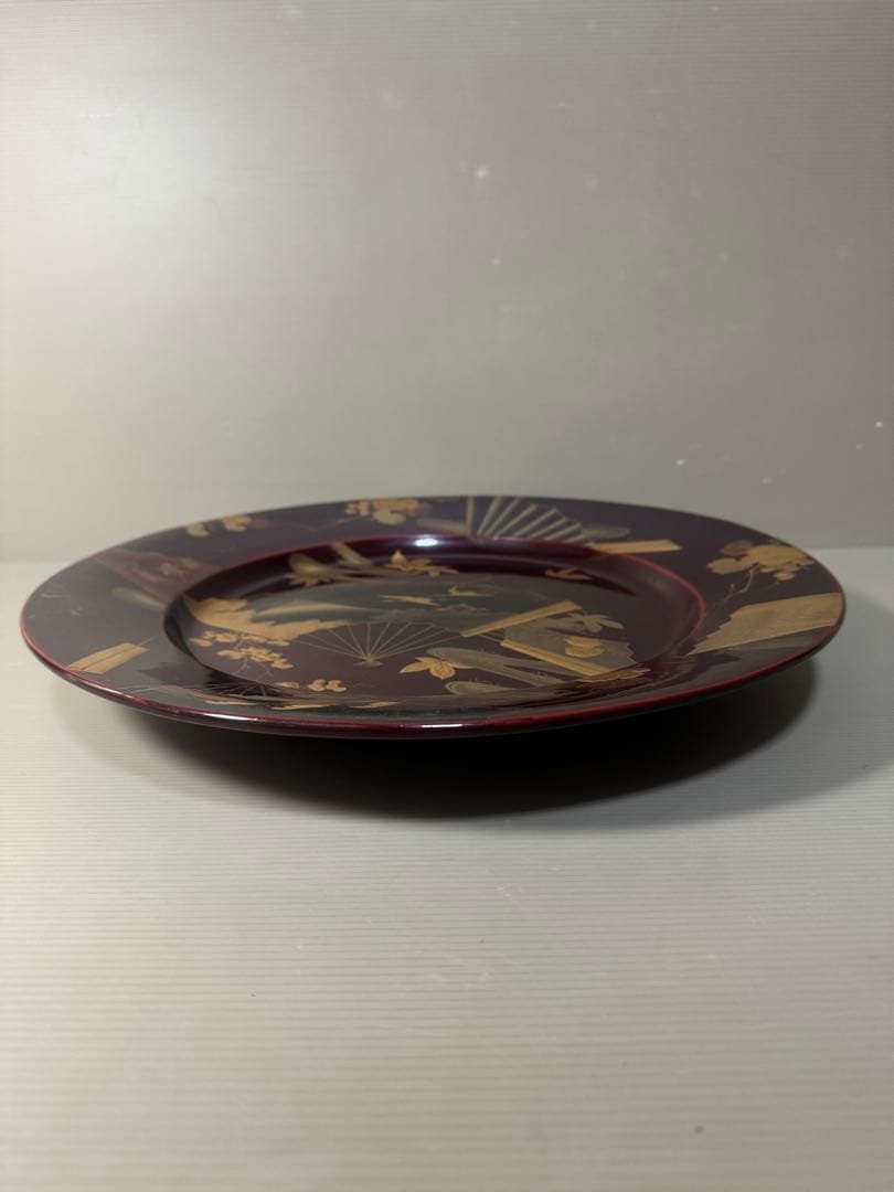 2440 木製金蒔絵　鶴扇果実文　大皿 丸皿 飾皿  37cm  時代物