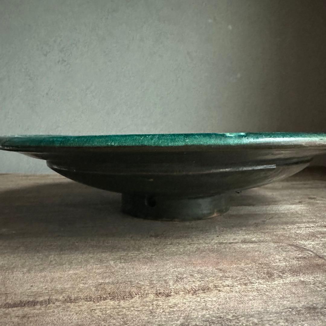 ブルガリア陶器　トロヤン焼　青釉内花柄　壁掛けデザイン　大皿　アンティーク